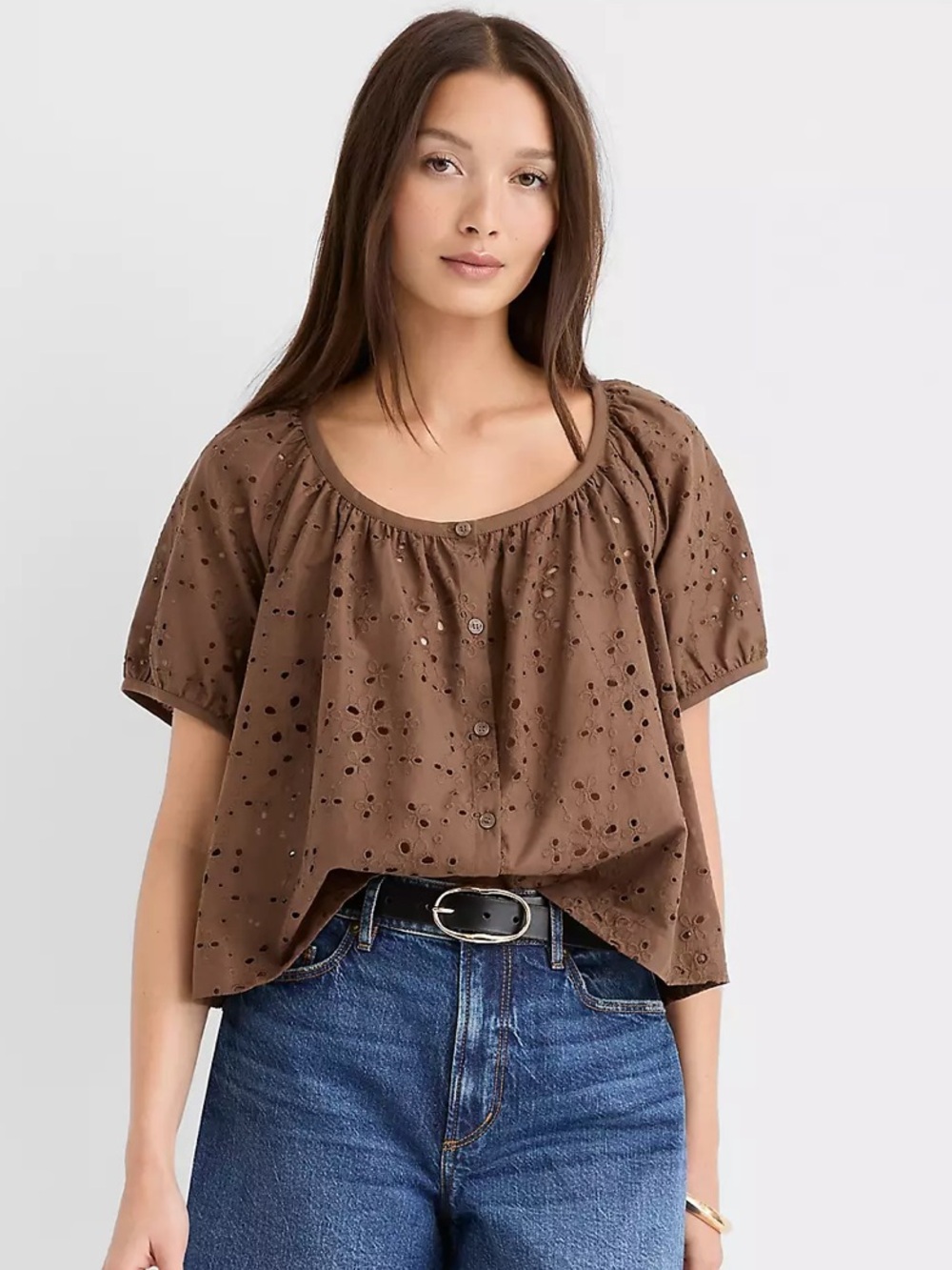 New LOFT Eyelet Puff Sleeve Scoop Neck Blouse Size Large